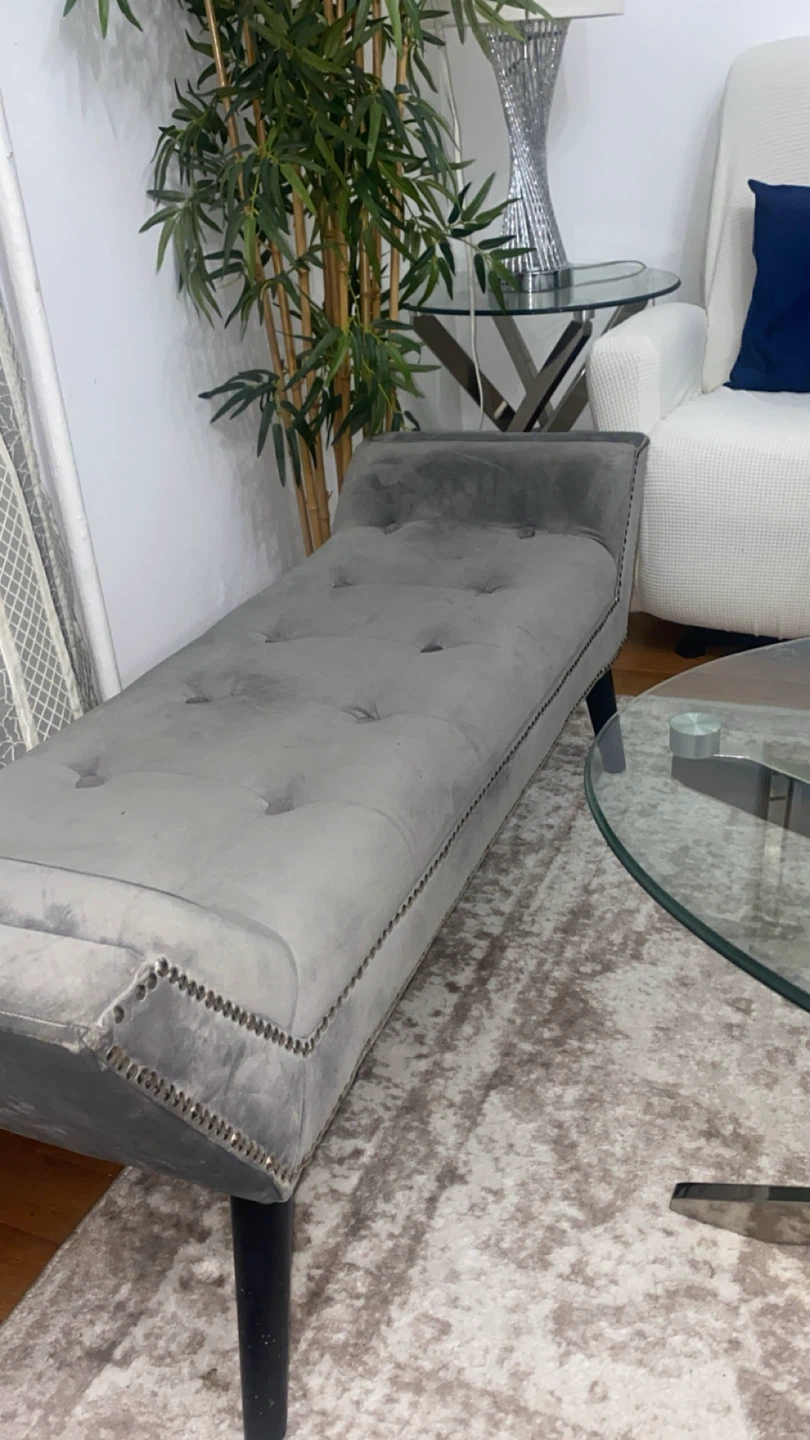 Gray Velvet Tufted Chaise Lounge Bench with Nailhead Trim
