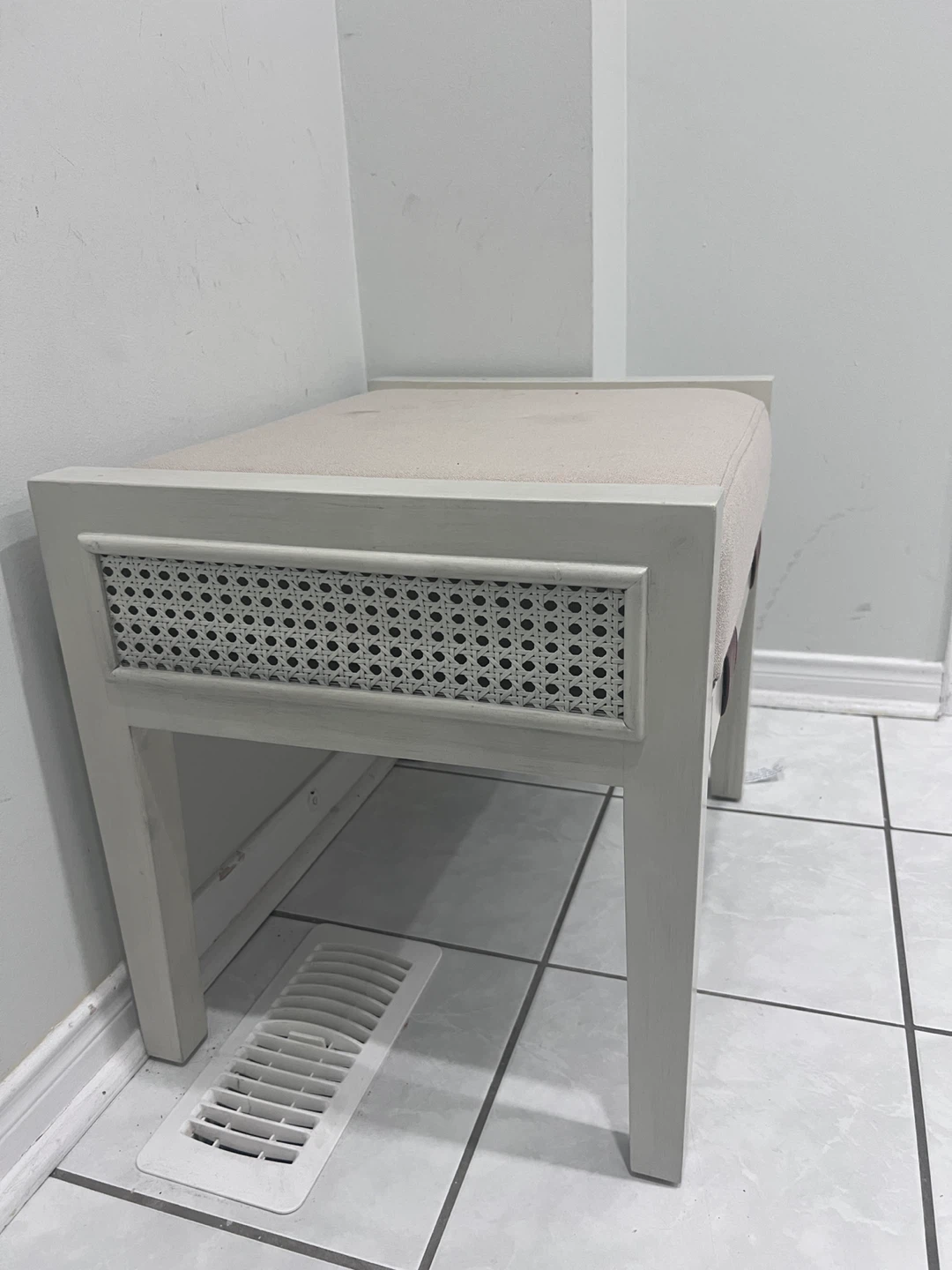 Upholstered Vanity Stool with Cane Detailing