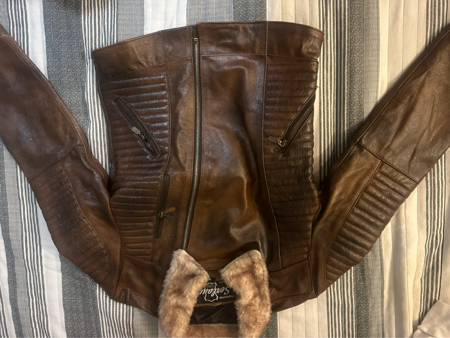 Sertano Brown Leather Biker Jacket with Fur Collar - photo 2