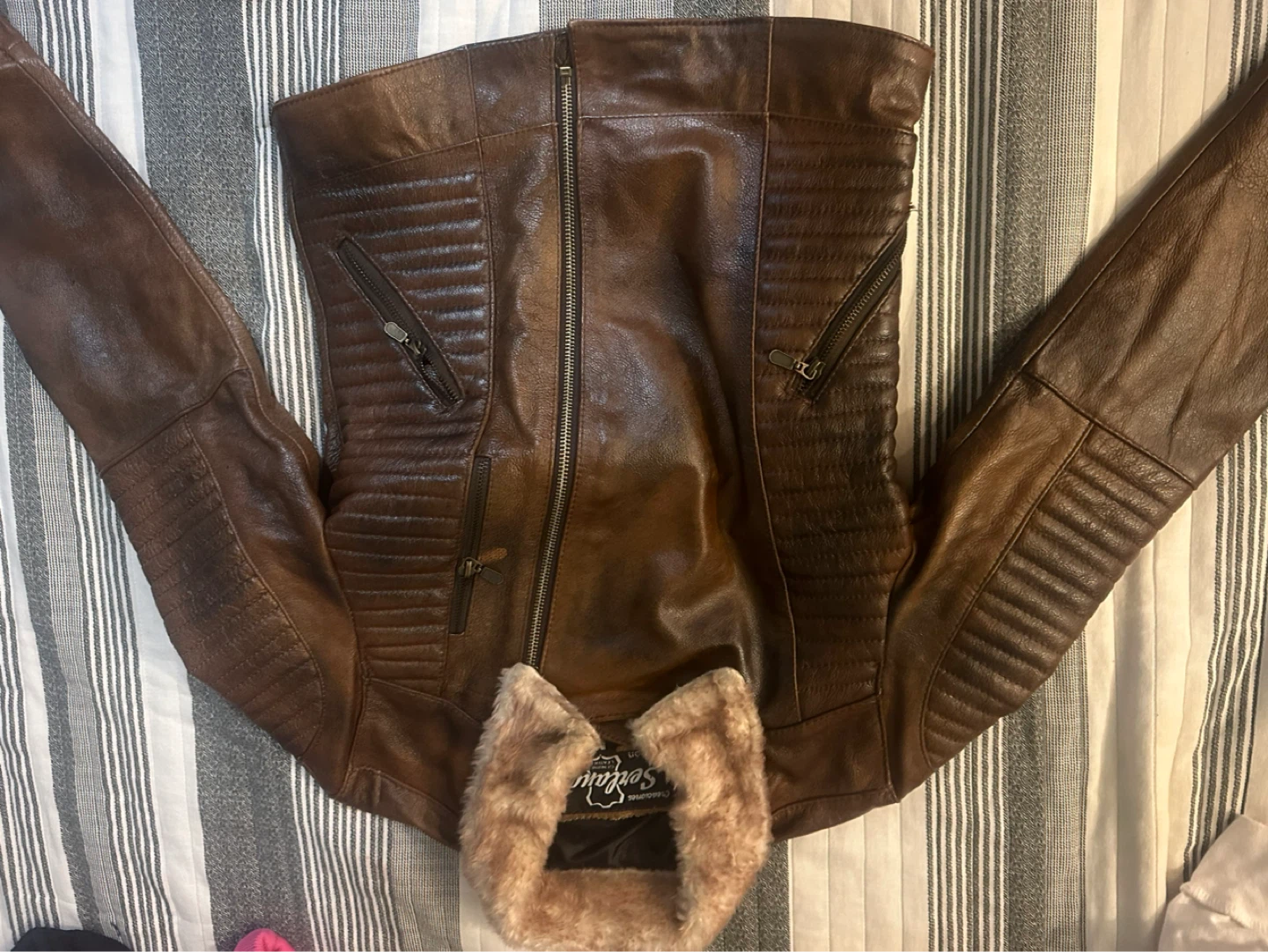Sertano Brown Leather Biker Jacket with Fur Collar
