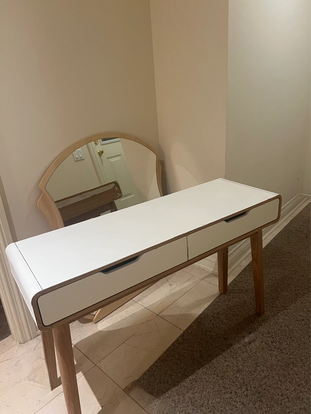 White Console Table with Wooden Legs and Mirror