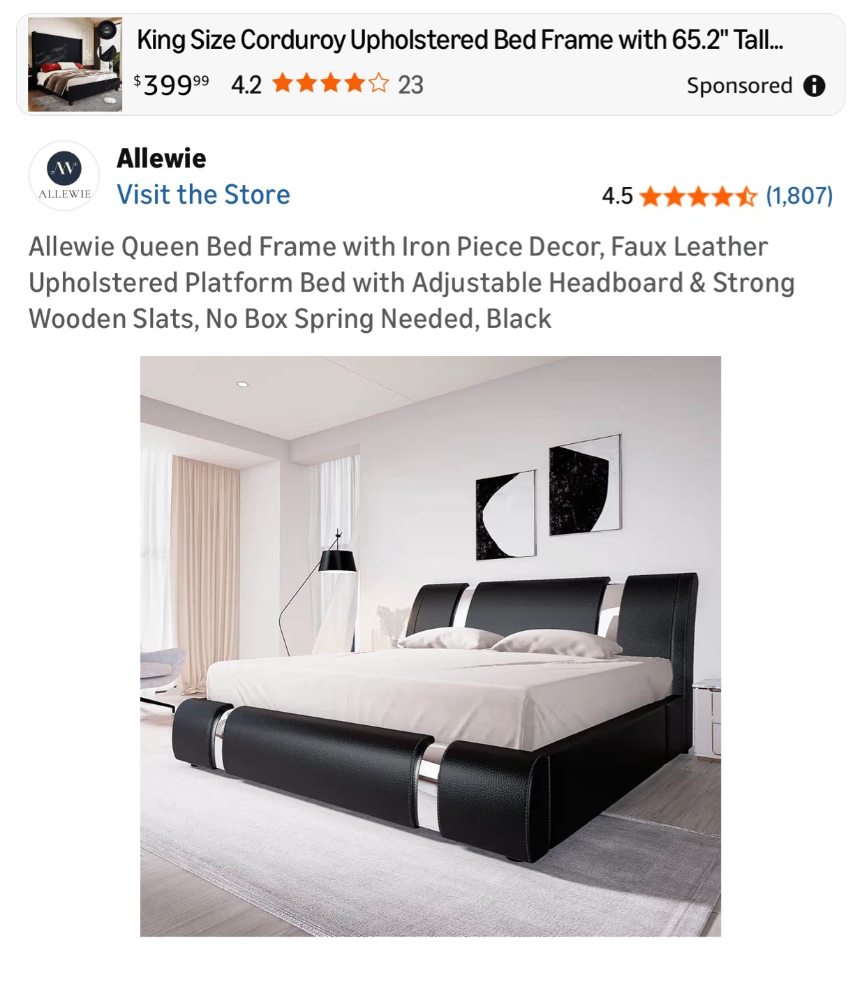 Allewie Queen Upholstered Bed Frame - Black Faux Leather - photo 2