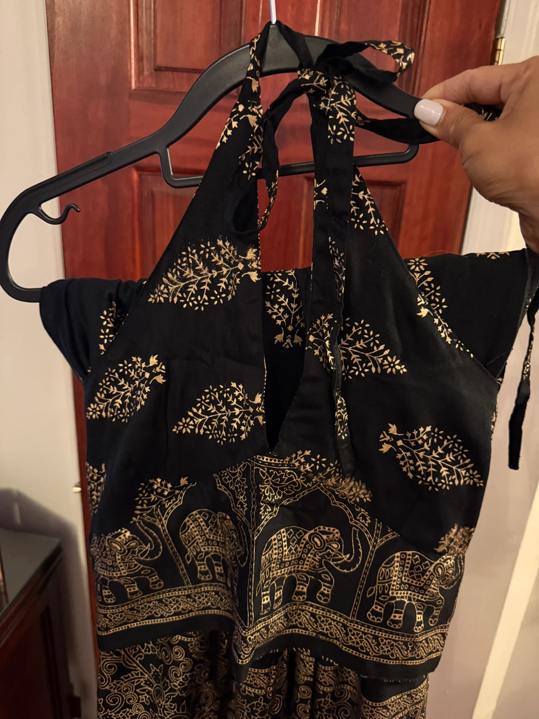 Black Rayon Elephant Print Halter Top and Wide Leg Pants Set - photo 2