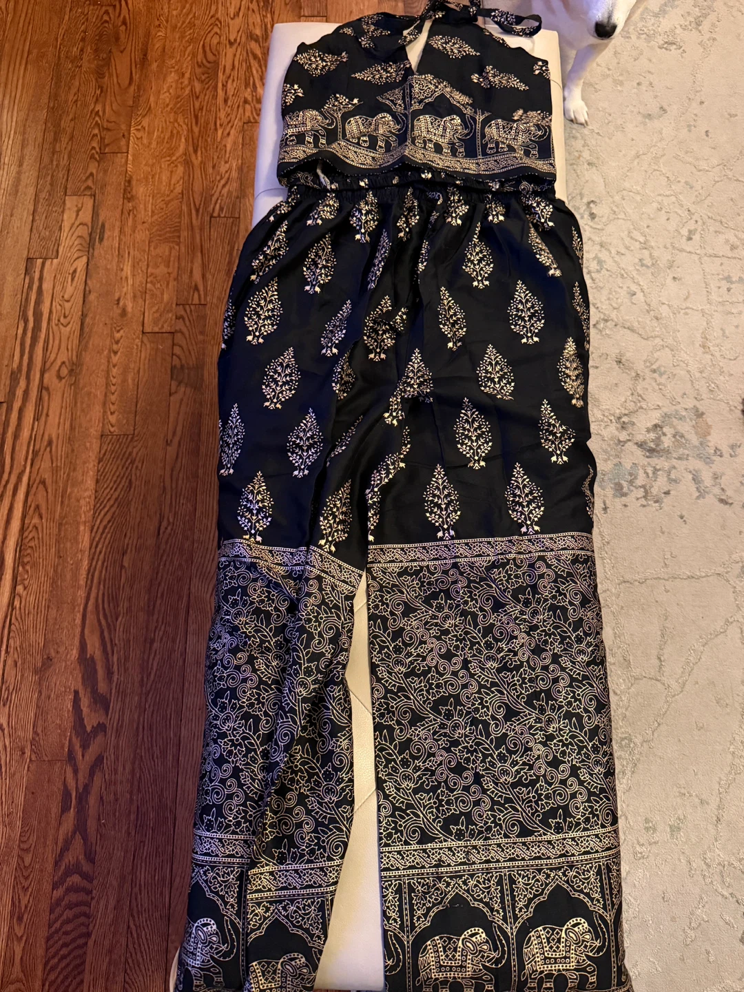 Black Rayon Elephant Print Halter Top and Wide Leg Pants Set