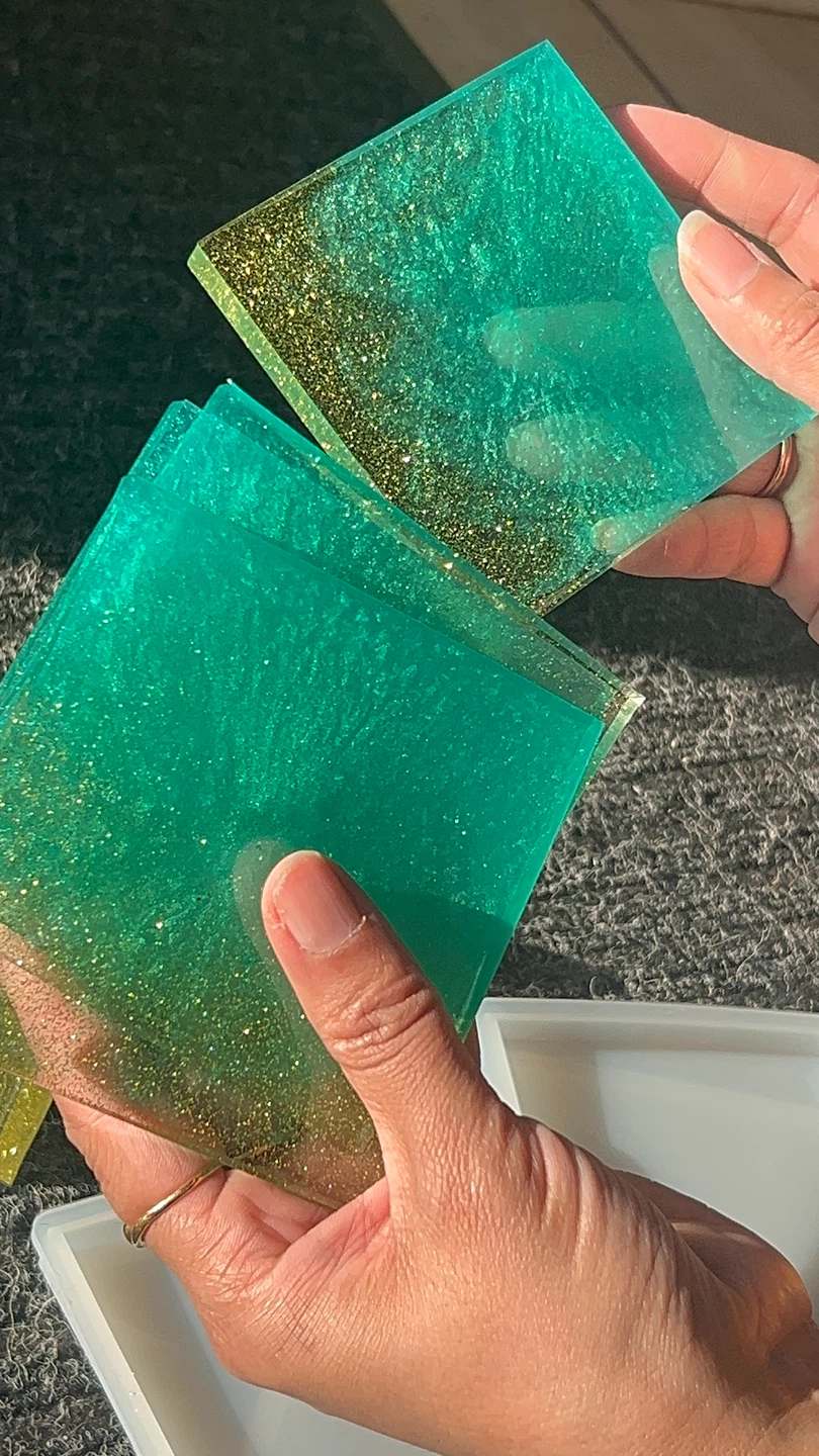 Teal and Gold Glitter Resin Coasters Set with Holder - photo 2