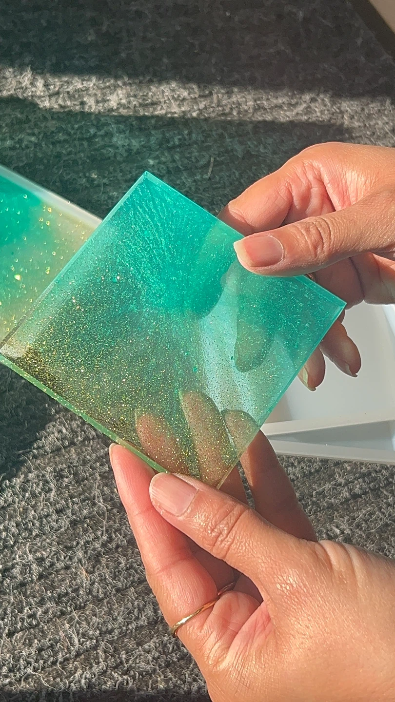 Teal and Gold Glitter Resin Coasters Set with Holder - photo 5