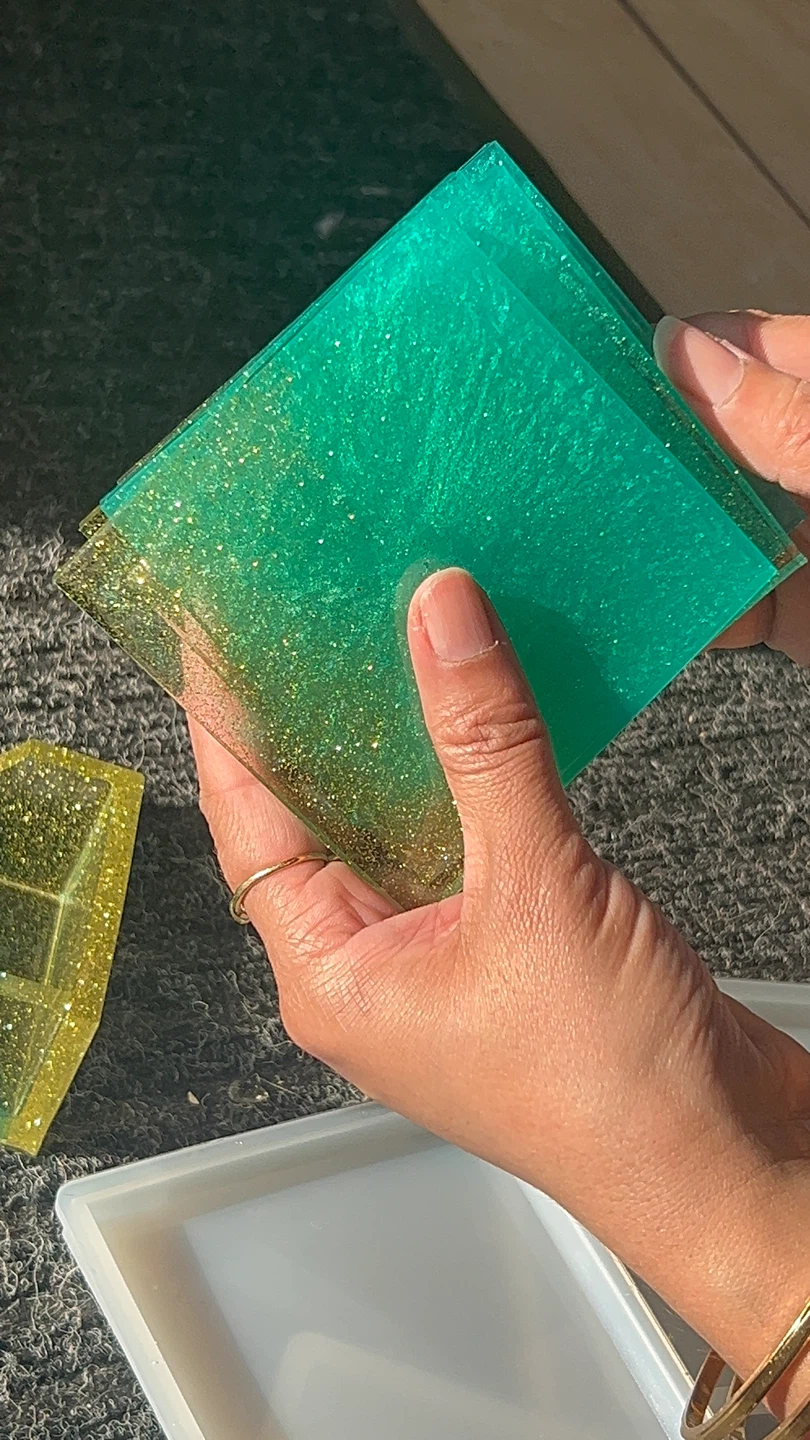 Teal and Gold Glitter Resin Coasters Set with Holder - photo 3