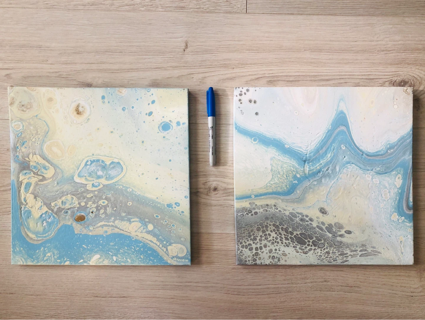 Abstract Pour Painting Set - Blue, White & Grey