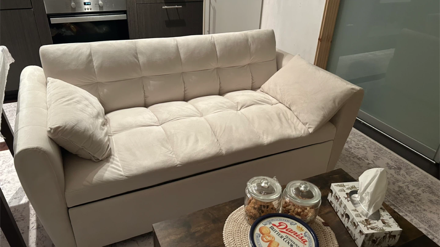 Pull Out Couch Sofa Bed, Beige velvet With 2 Pollows