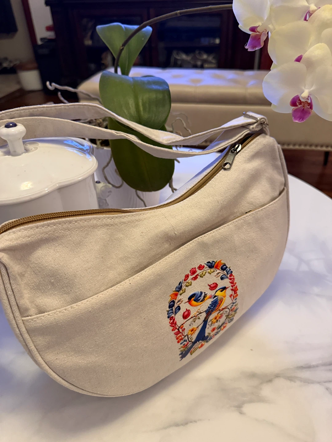 Cotton Canvas Shoulder Bag with Bird Design