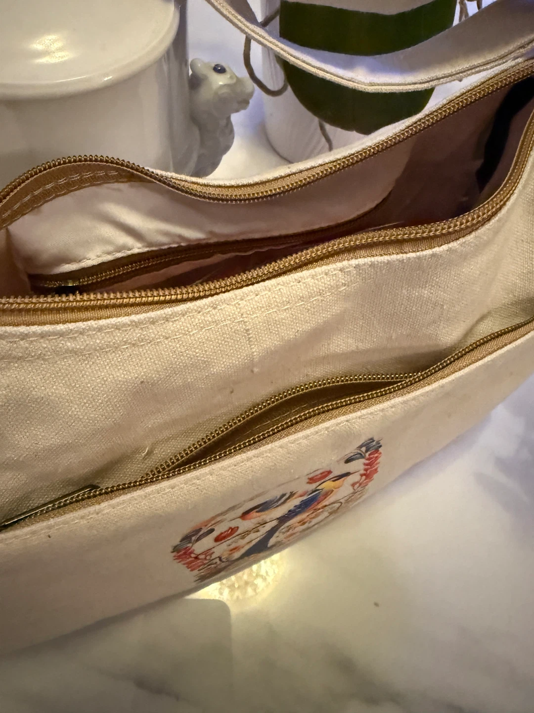 Cotton Canvas Shoulder Bag with Bird Design - photo 2