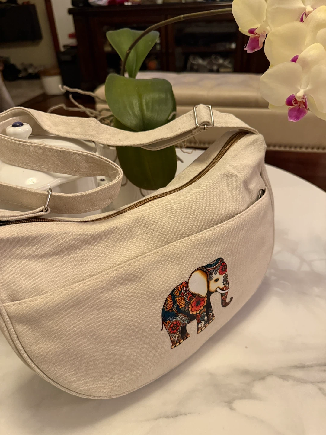 Cotton Canvas Sling Bag with Elephant Design