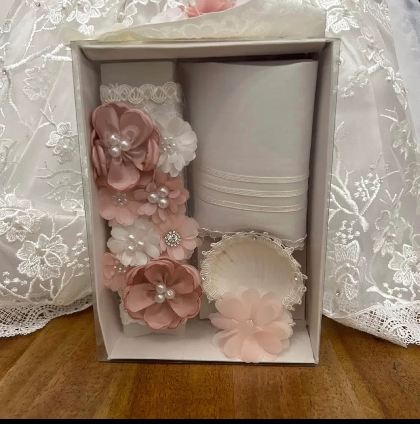 White Christening Gown Set with Headband and Bonnet - photo 2
