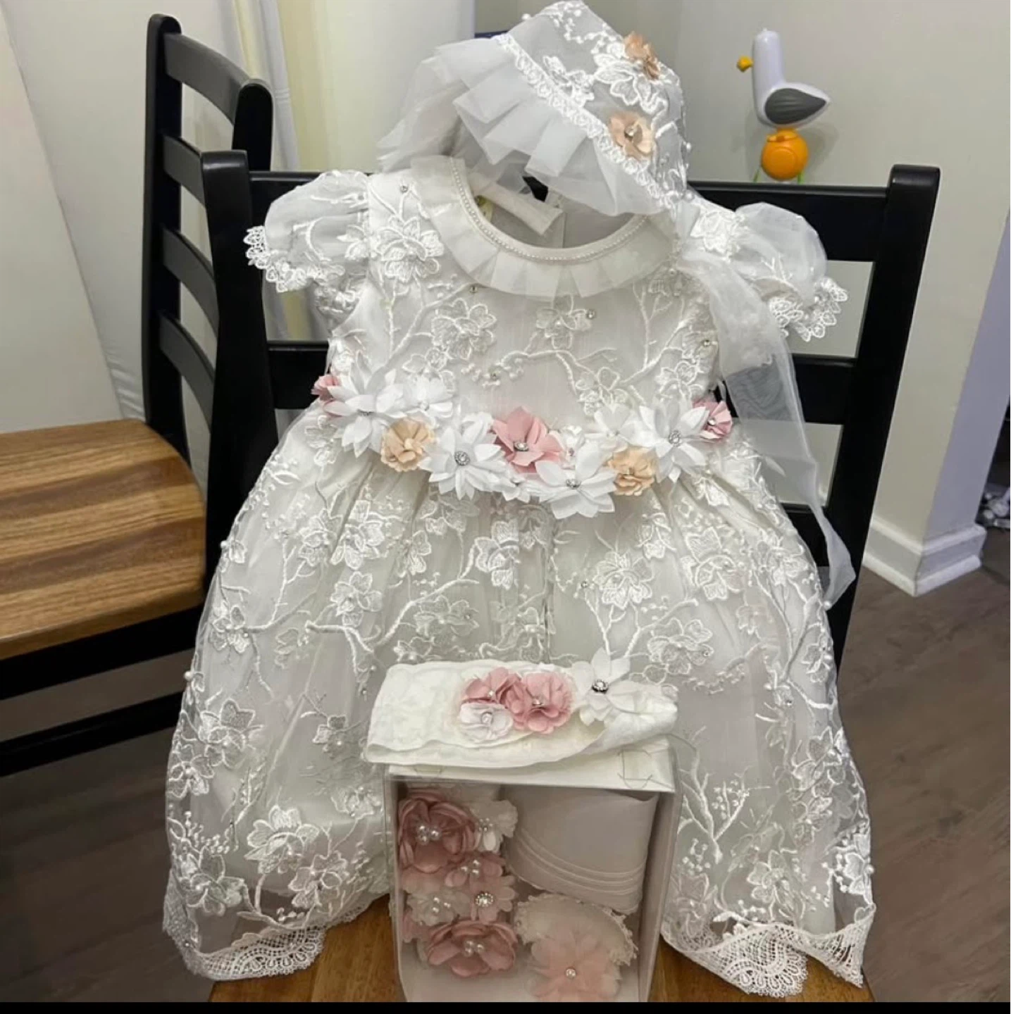 White Christening Gown Set with Headband and Bonnet