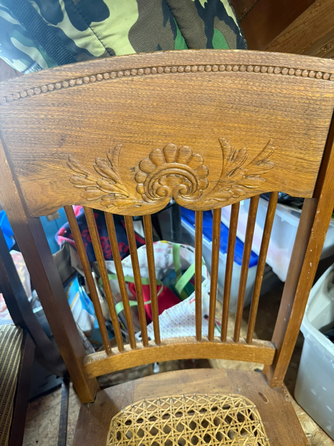 Vintage Wooden Chair with Carved Detail and Wicker Seat