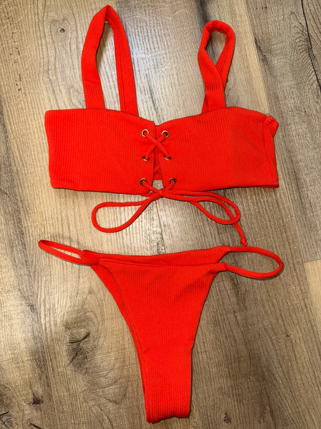 Red Ribbed Lace-Up Bikini Set