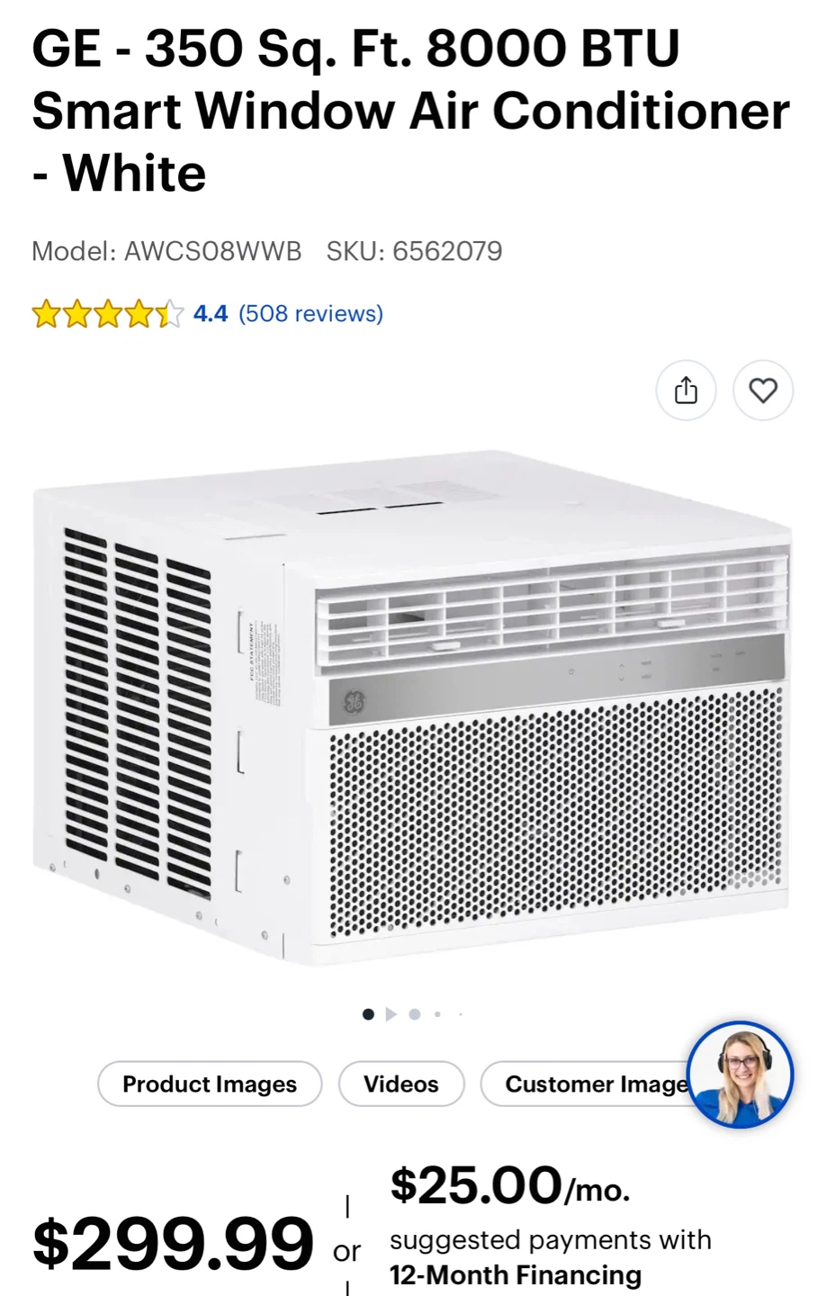 GE Smart Window Air Conditioner - 8000 BTU, 350 Sq. Ft., White