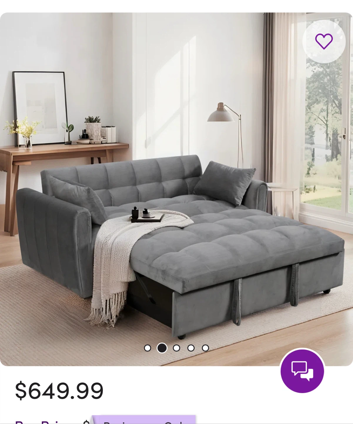 Pull Out Couch Sofa Bed, Beige velvet With 2 Pollows - photo 5