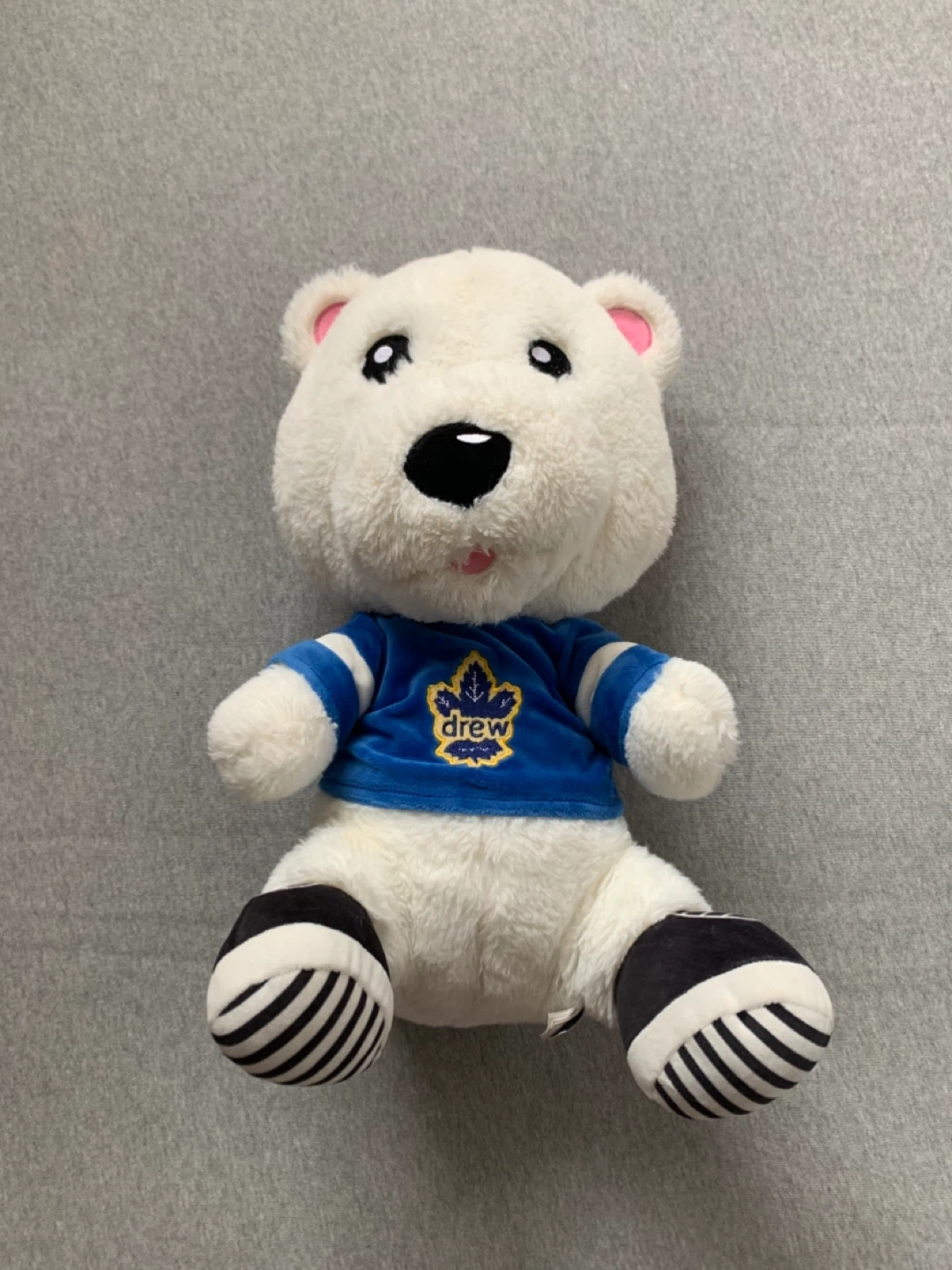 White Teddy Bear with Blue Drew Hockey Jersey