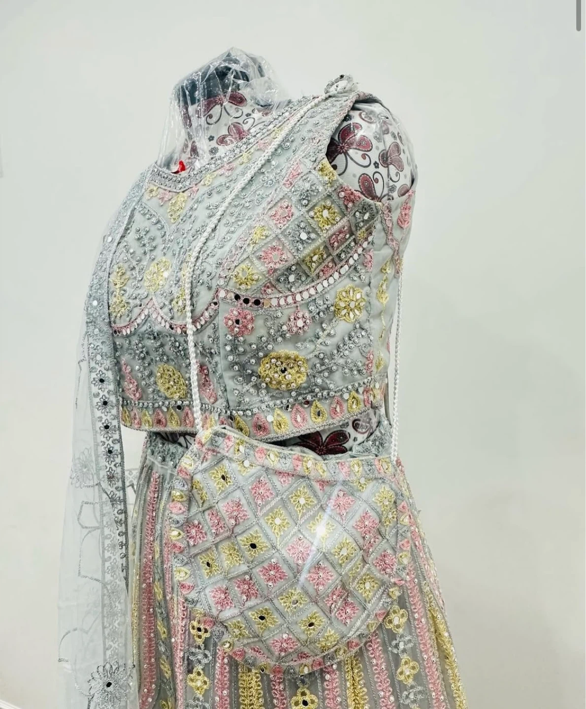 Embellished Grey Lehenga with Dupatta and Purse