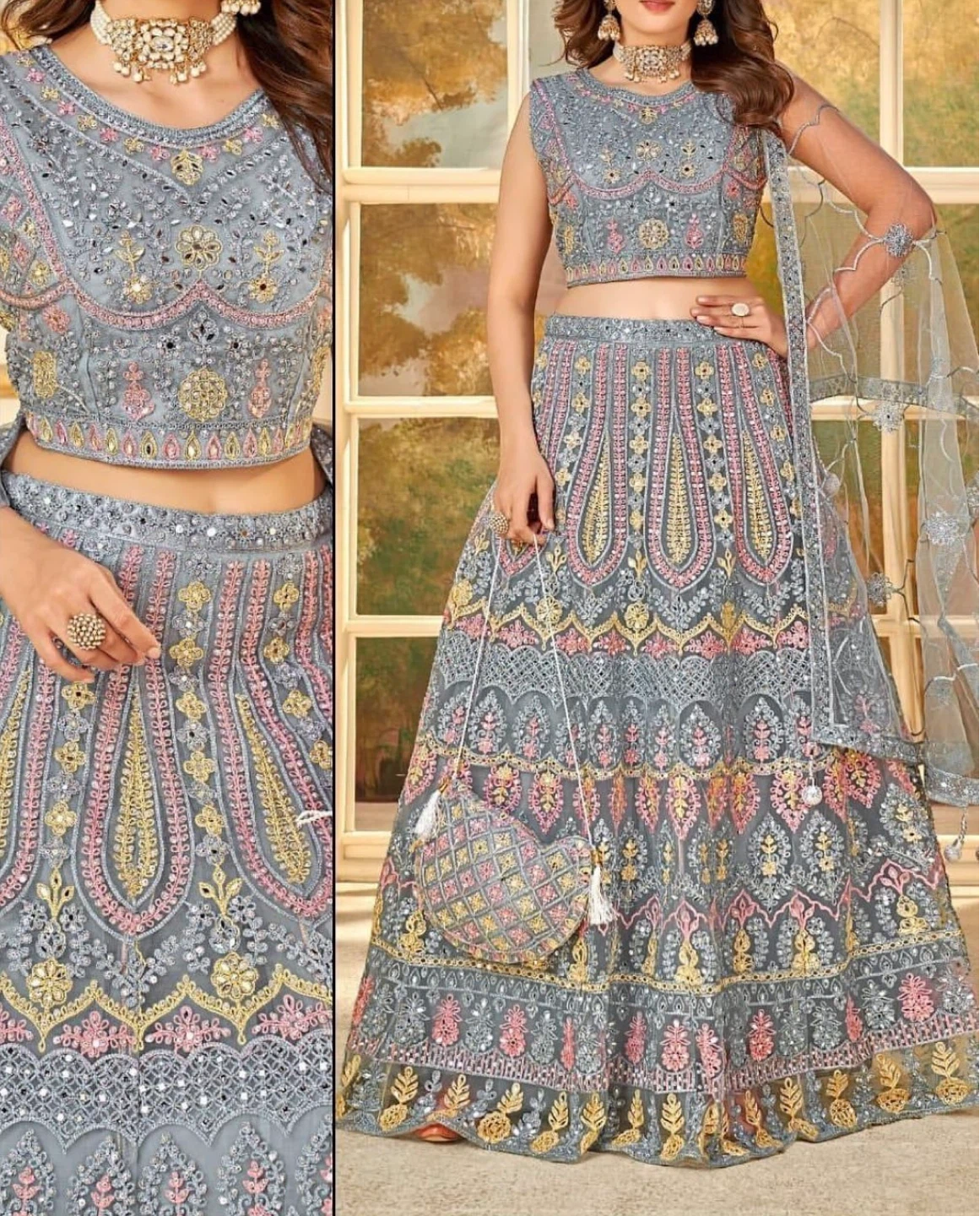 Embellished Grey Lehenga with Dupatta and Purse - photo 4