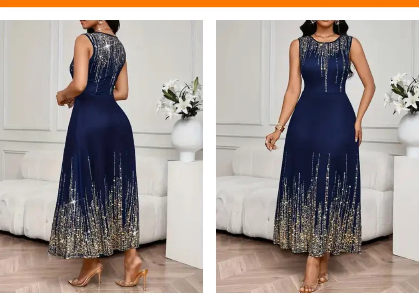 Women's Sleeveless Maxi Dress - Navy Blue with Sparkle Detail