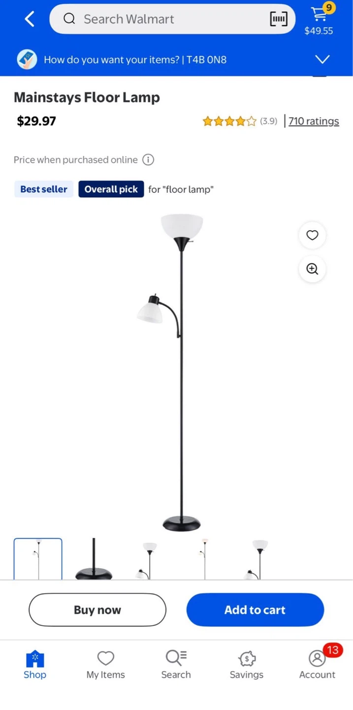 Mainstays Floor Lamp with Reading Light