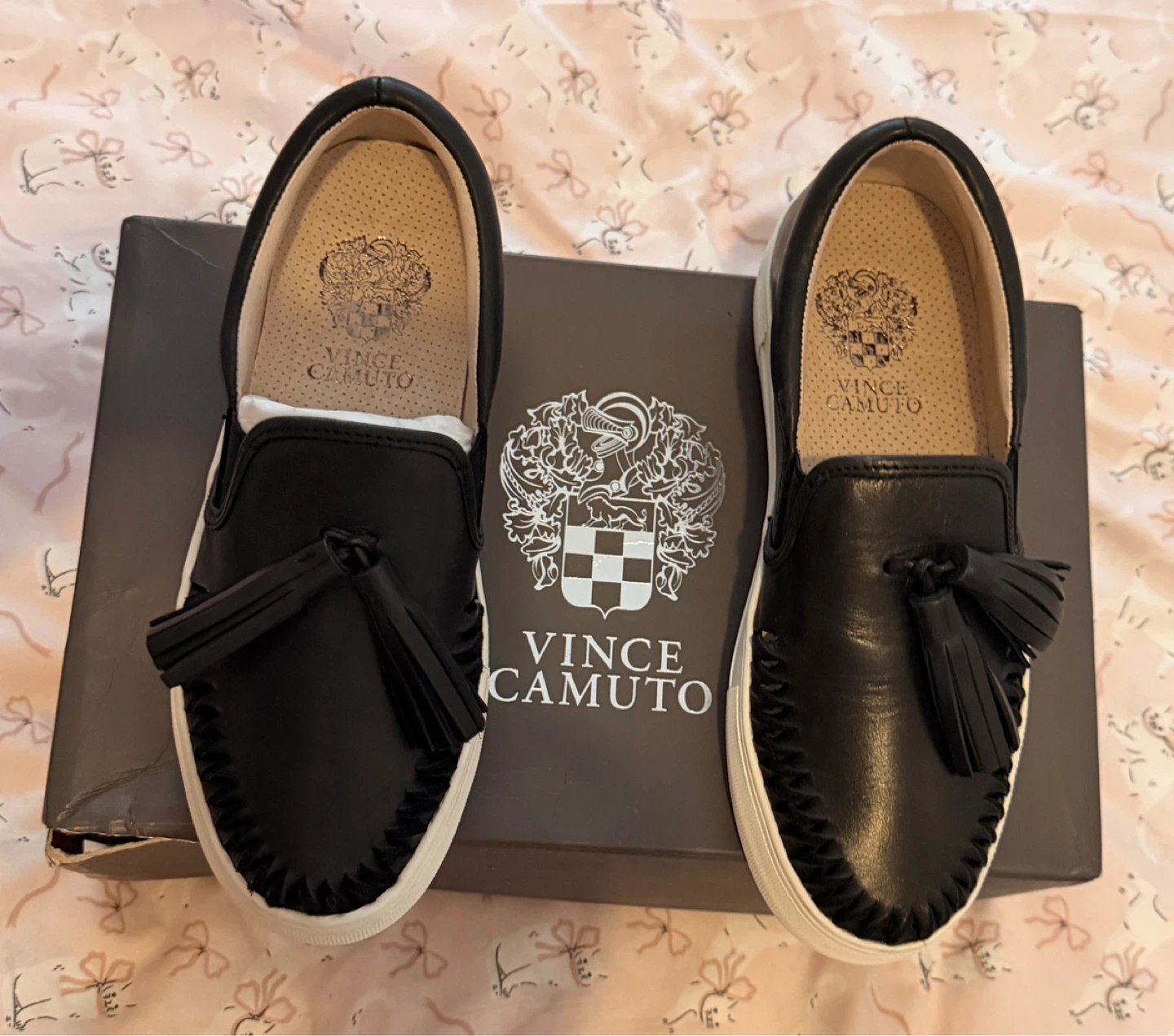 Vince Camuto Black Leather Slip-On Loafers with Tassels