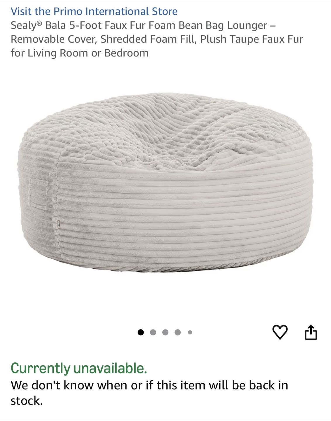 Sealy Bala 5-Foot Faux Fur Bean Bag Lounger - Plush Taupe - photo 2