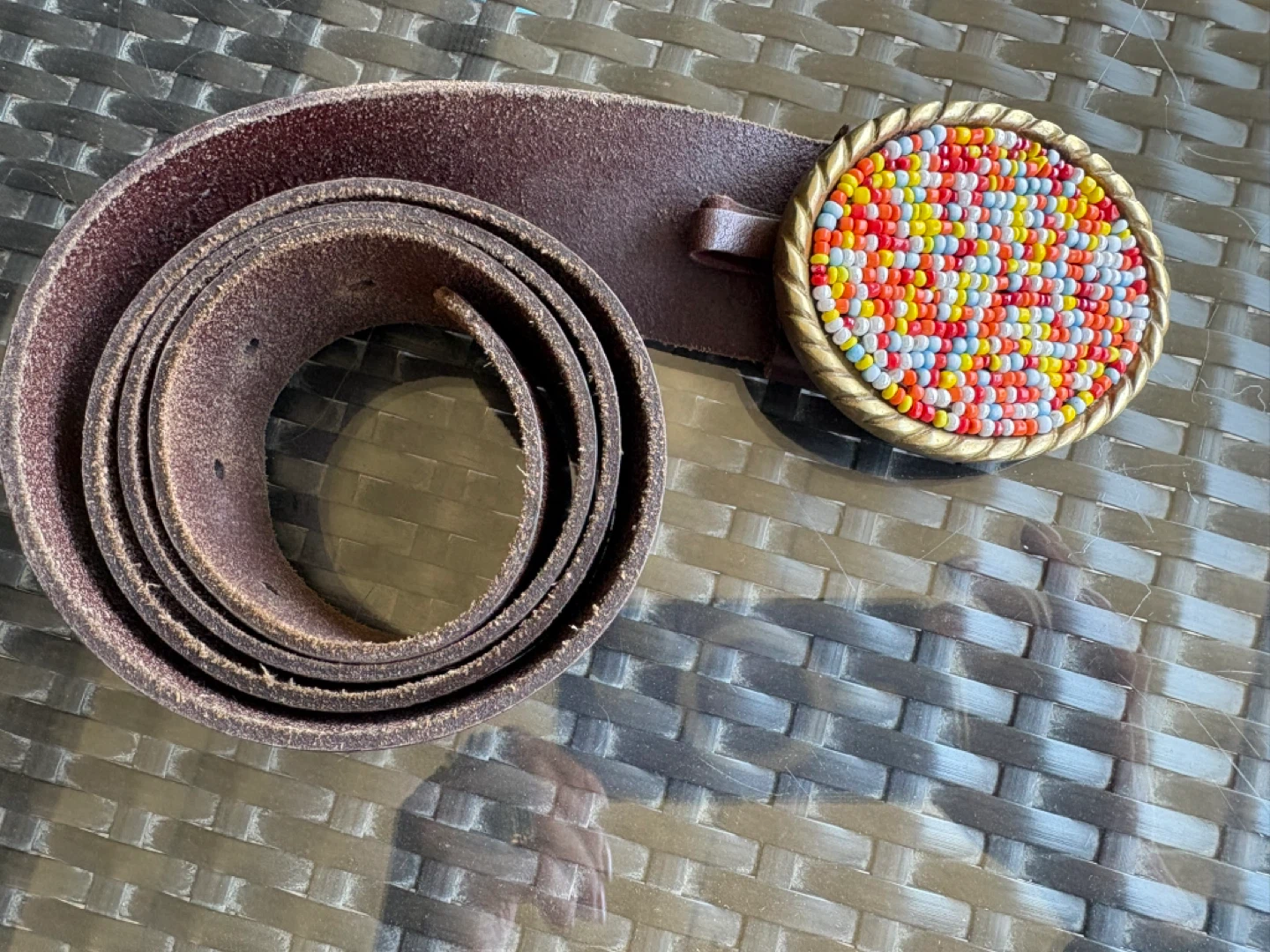 Brown Leather Belt with Beaded Buckle - photo 3