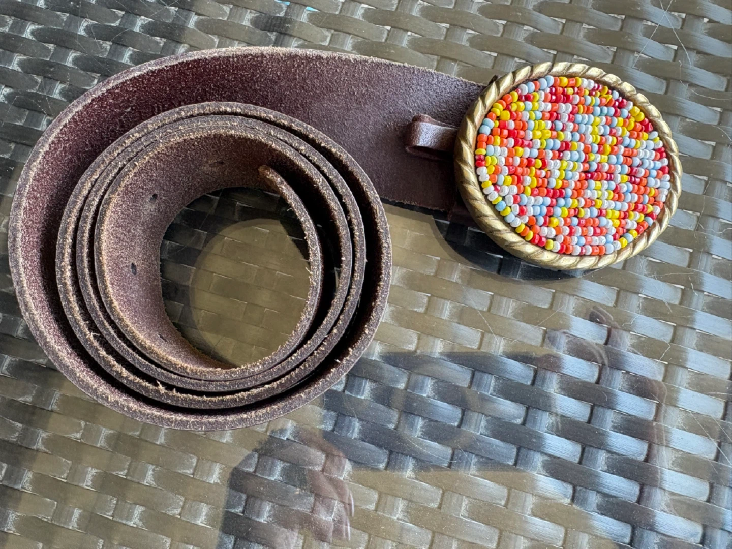Brown Leather Belt with Beaded Buckle - photo 2