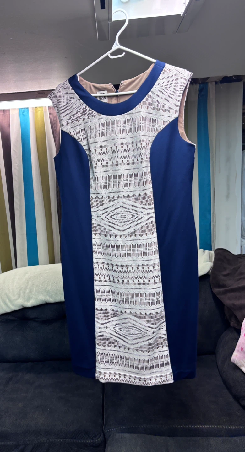Anne Klein Blue Dress with White Lace Inset - Size 14 - photo 3