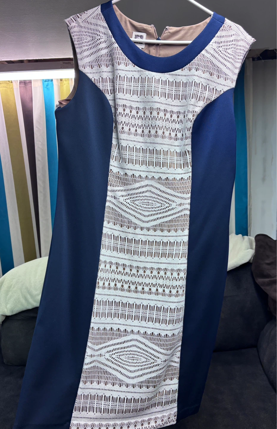 Anne Klein Blue Dress with White Lace Inset - Size 14