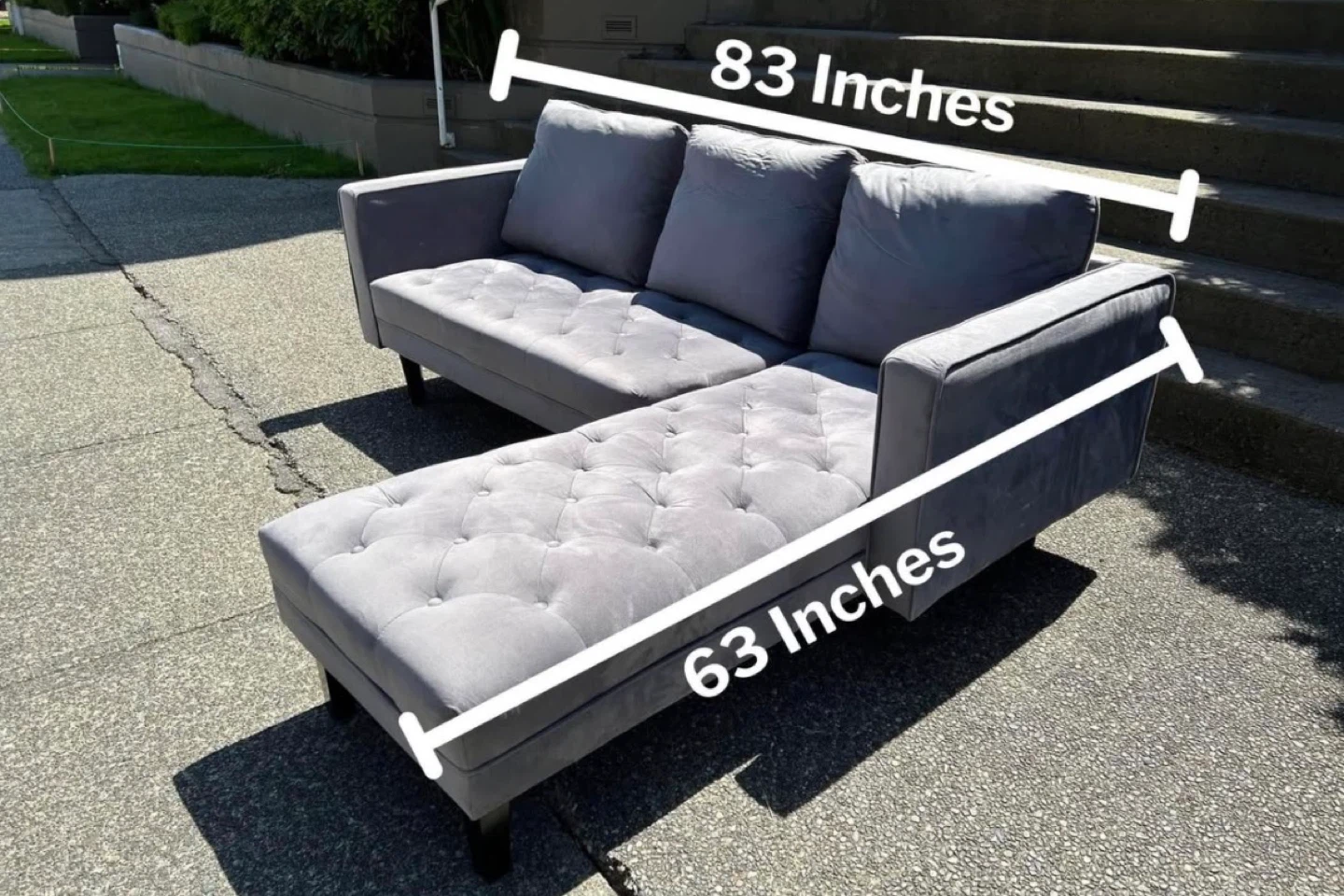 Grey Velvet Sectional Sofa - 83 Inches