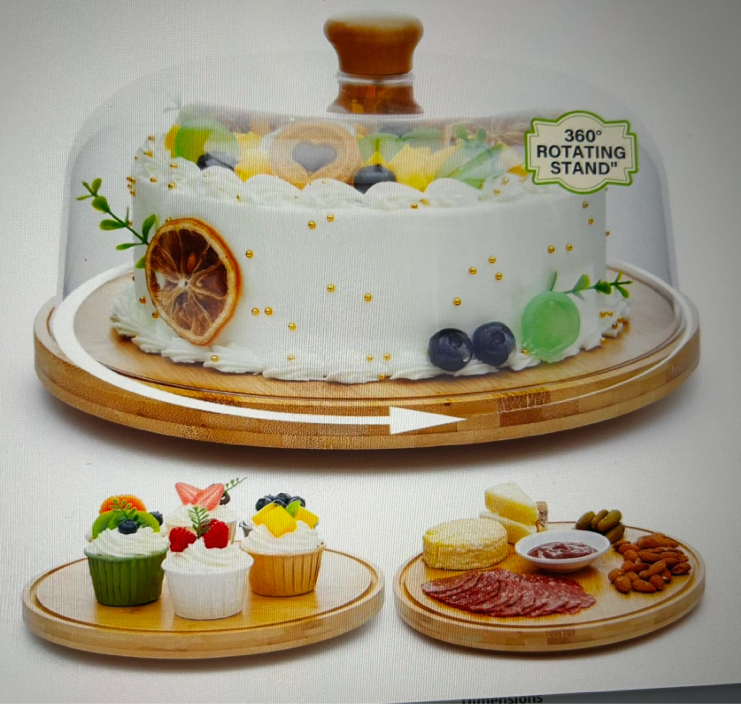 Bamboo Cake Stand with Acrylic Dome Lid and Rotating Base
