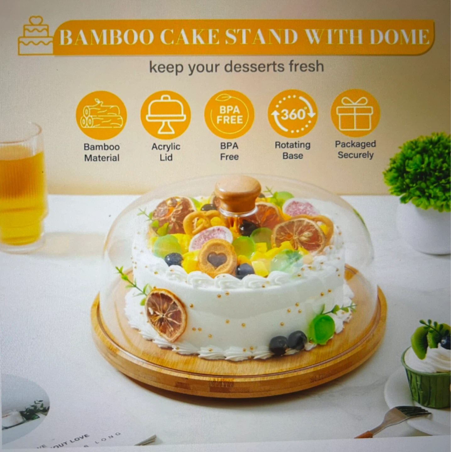 Bamboo Cake Stand with Acrylic Dome Lid and Rotating Base - photo 2