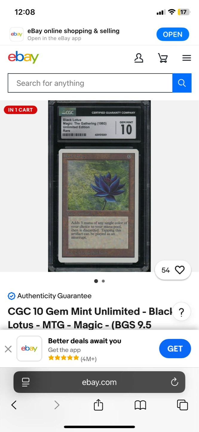 CGC 10 Gem Mint Unlimited Black Lotus Magic: The Gathering 1993