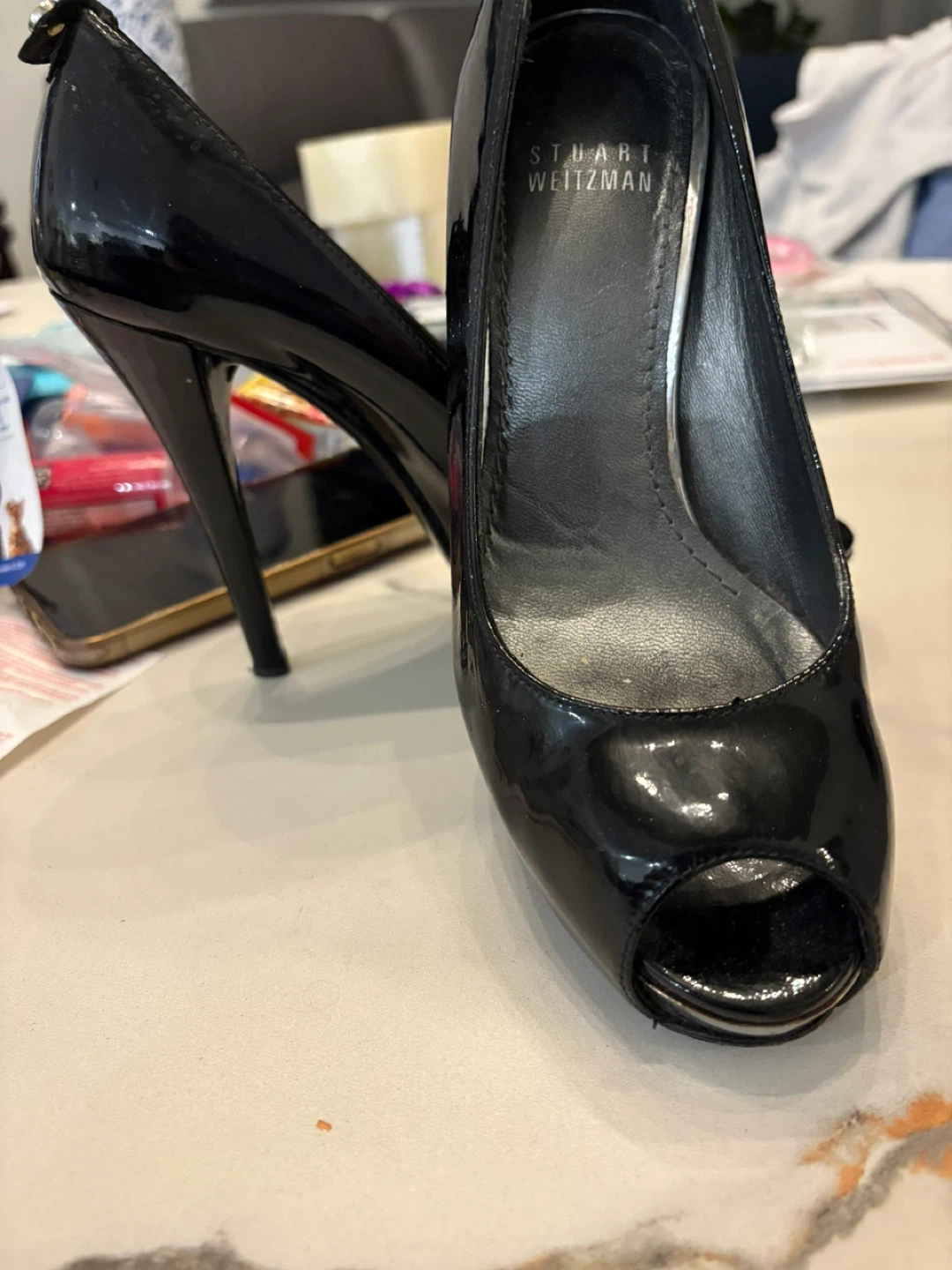 Stuart Weitzman Black Patent Peep-Toe Heels - photo 4