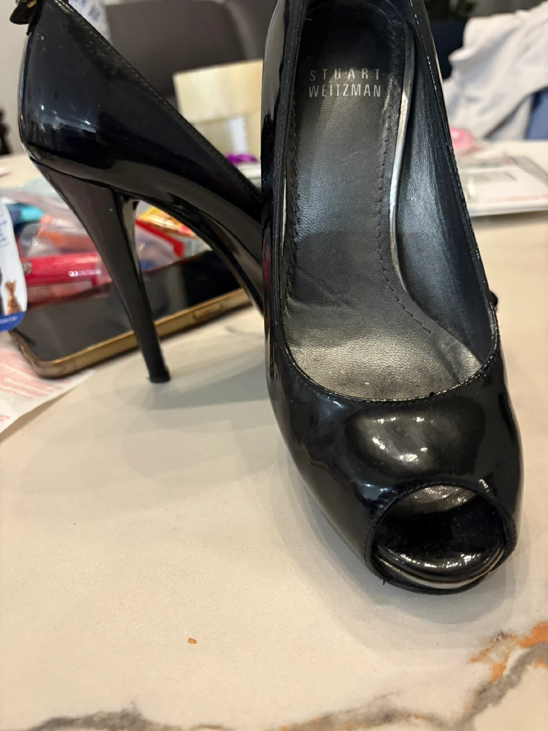 Stuart Weitzman Black Patent Peep-Toe Heels - photo 3