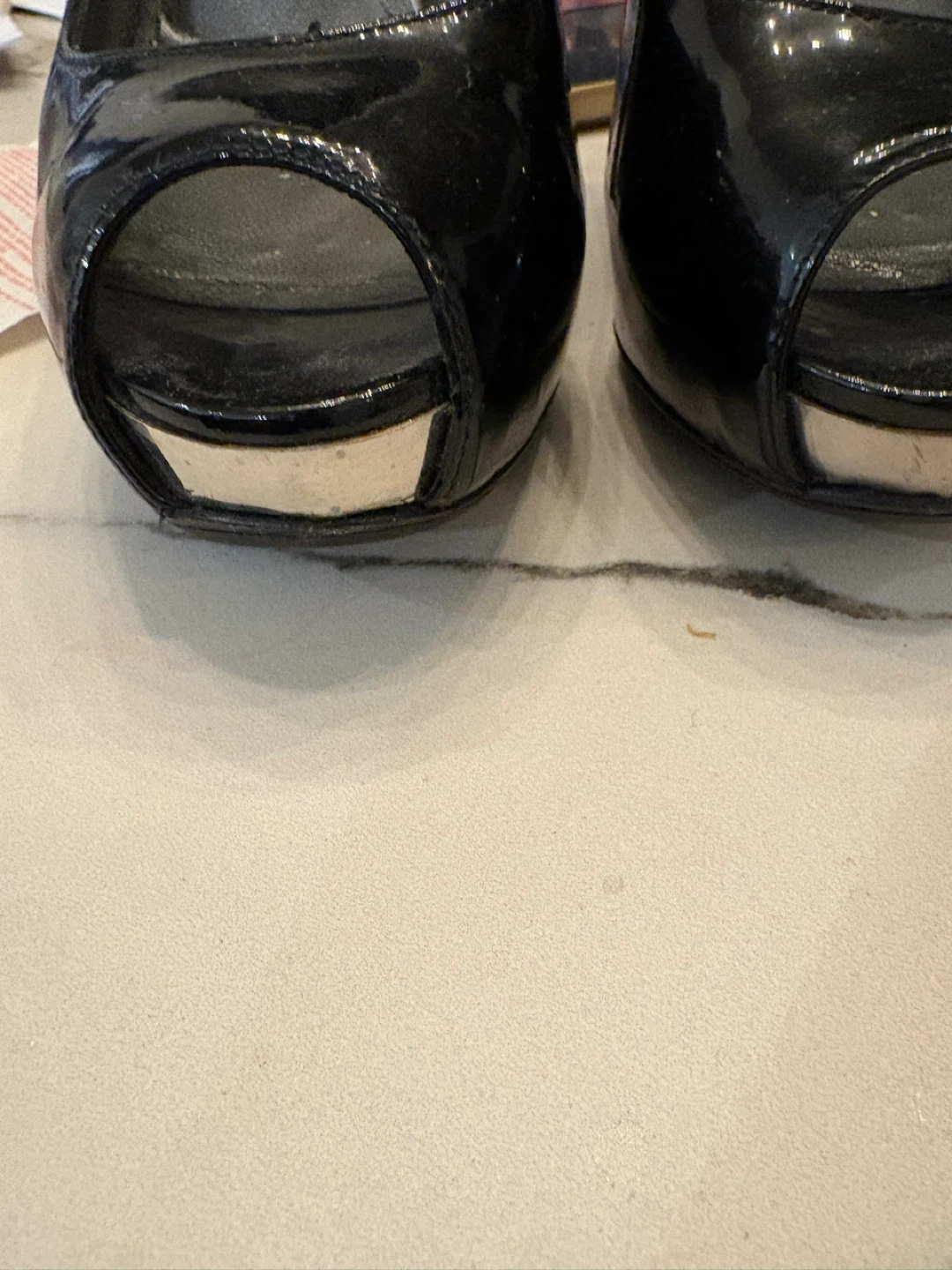 Stuart Weitzman Black Patent Peep-Toe Heels - photo 2
