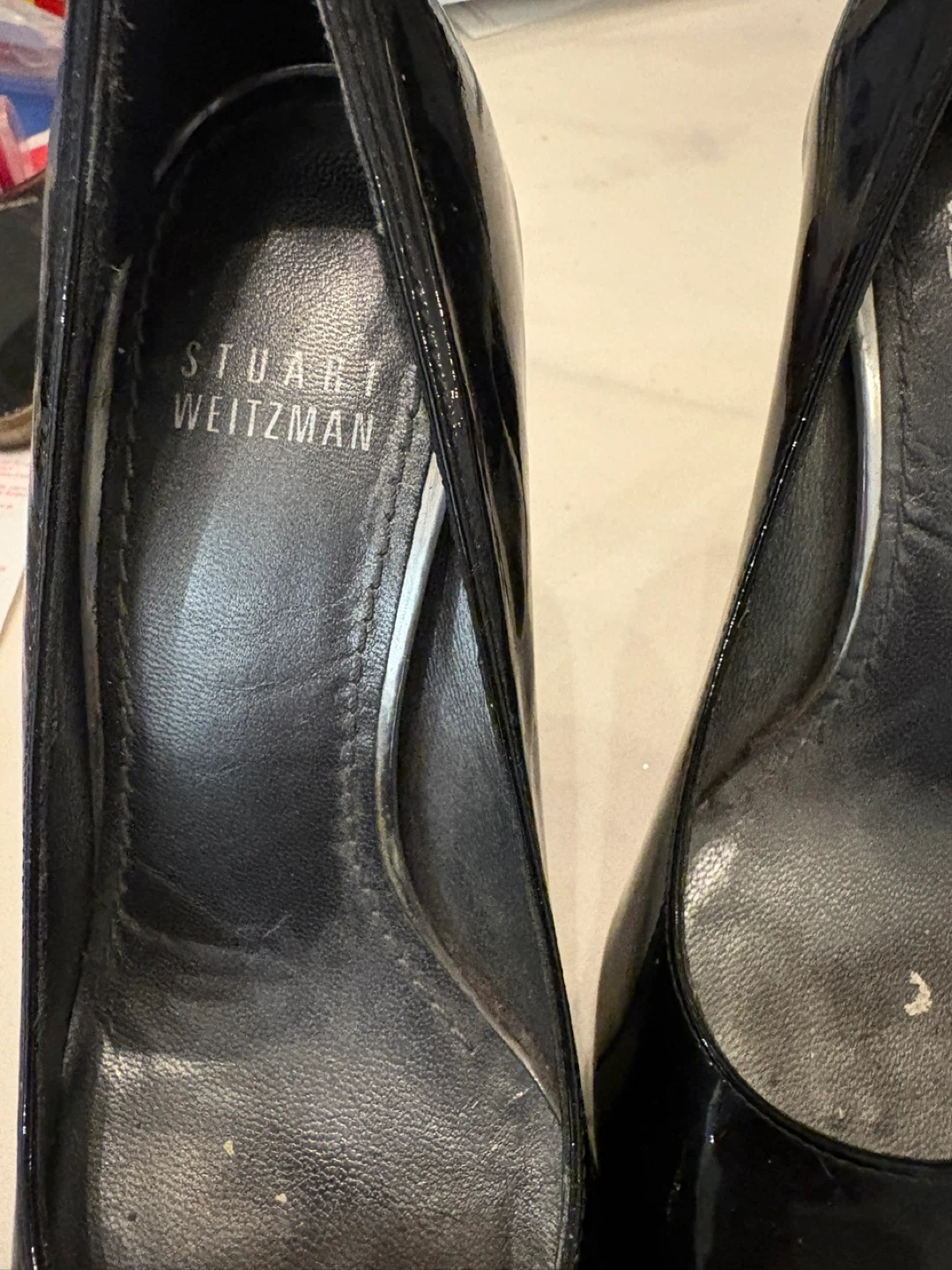 Stuart Weitzman Black Patent Peep-Toe Heels
