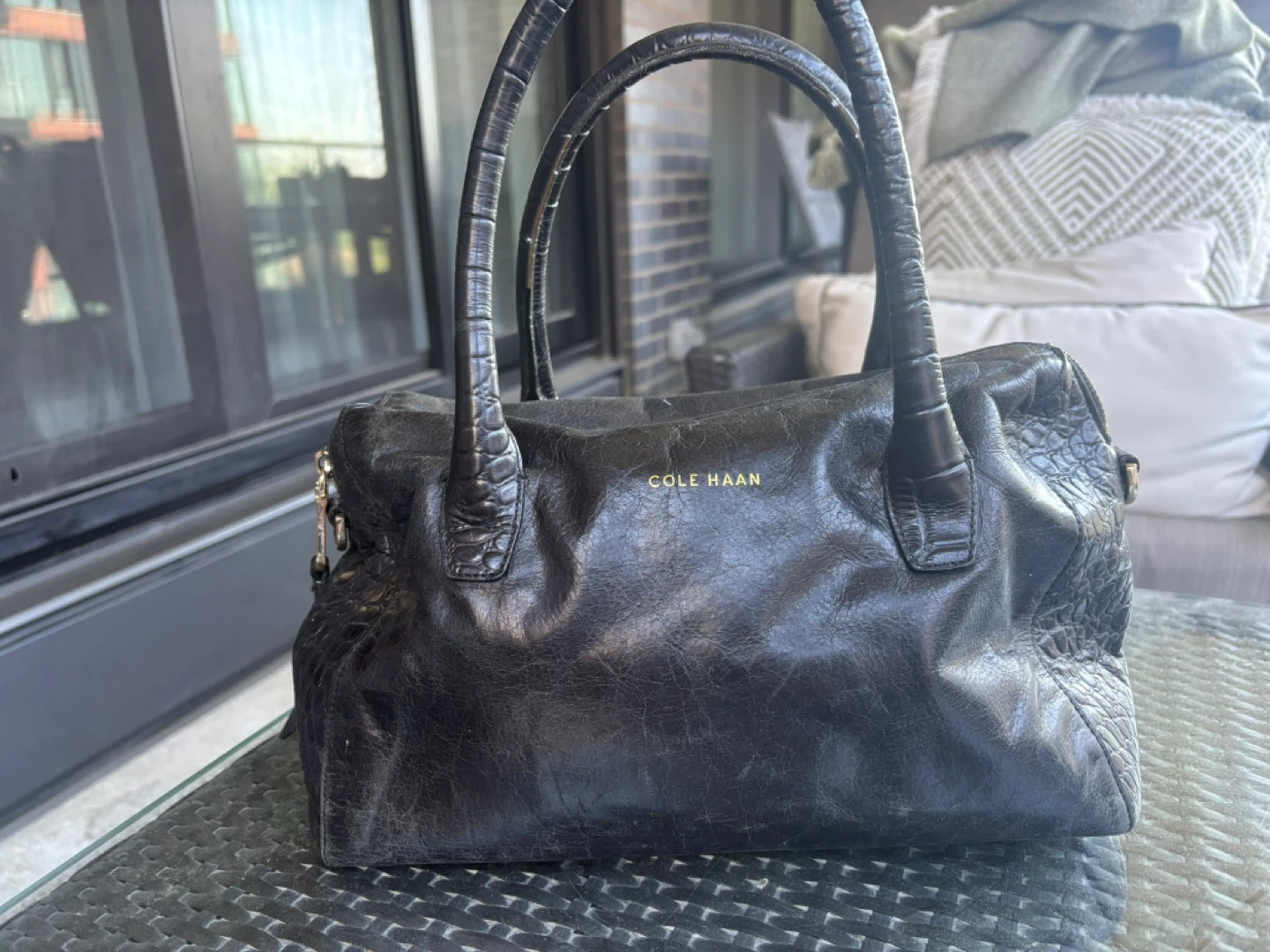 Cole Haan Black Leather Croc Embossed Satchel Handbag - photo 2