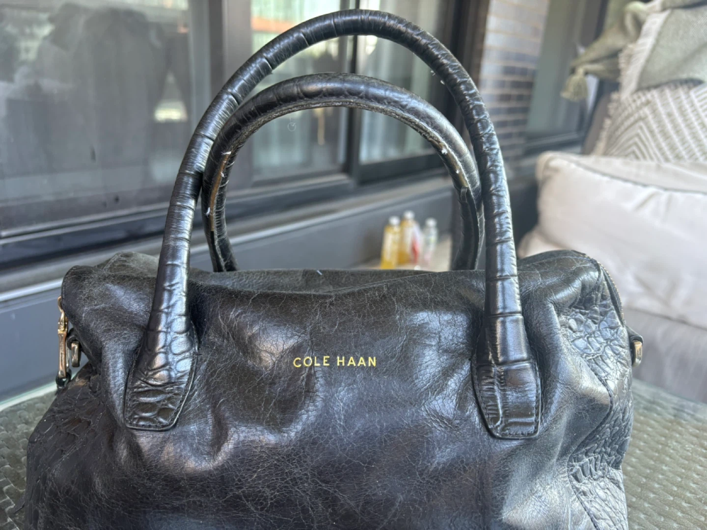 Cole Haan Black Leather Croc Embossed Satchel Handbag