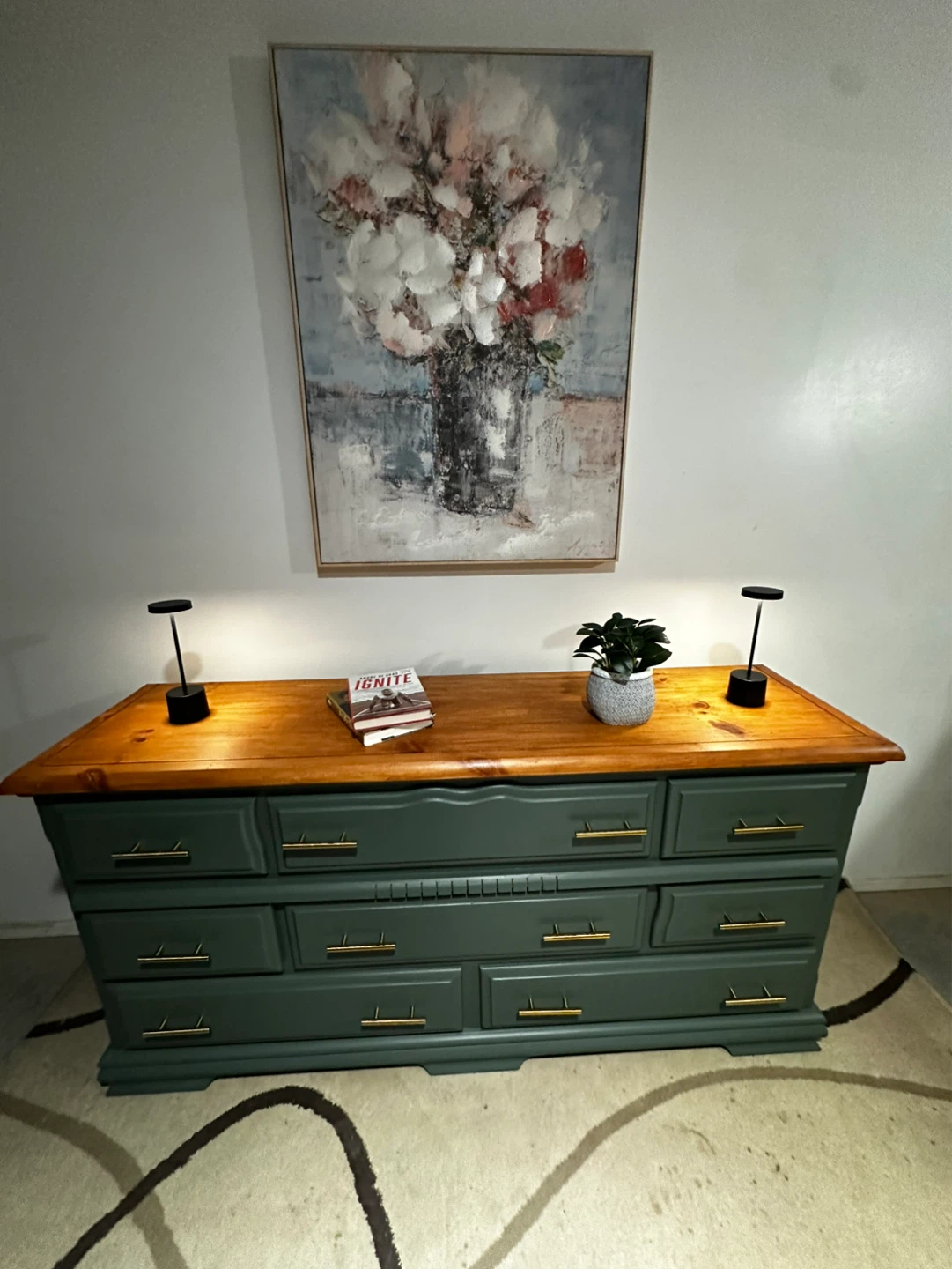 Green dresser with wood top
