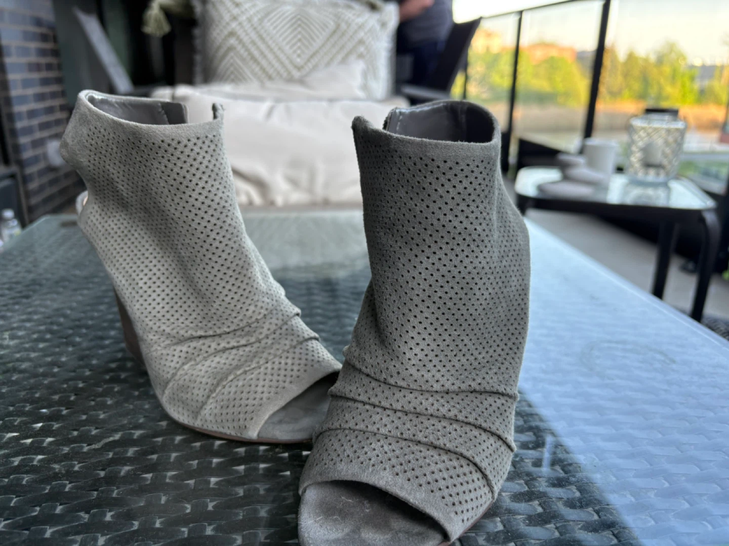Grey Suede Peep-Toe Wedge Booties - photo 5
