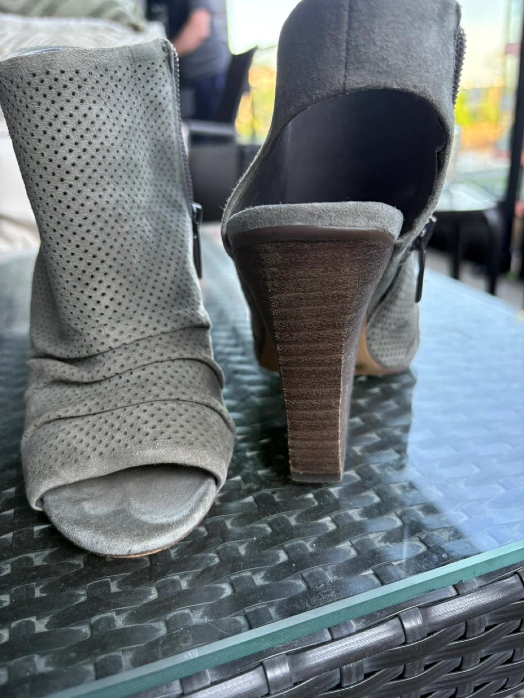 Grey Suede Peep-Toe Wedge Booties