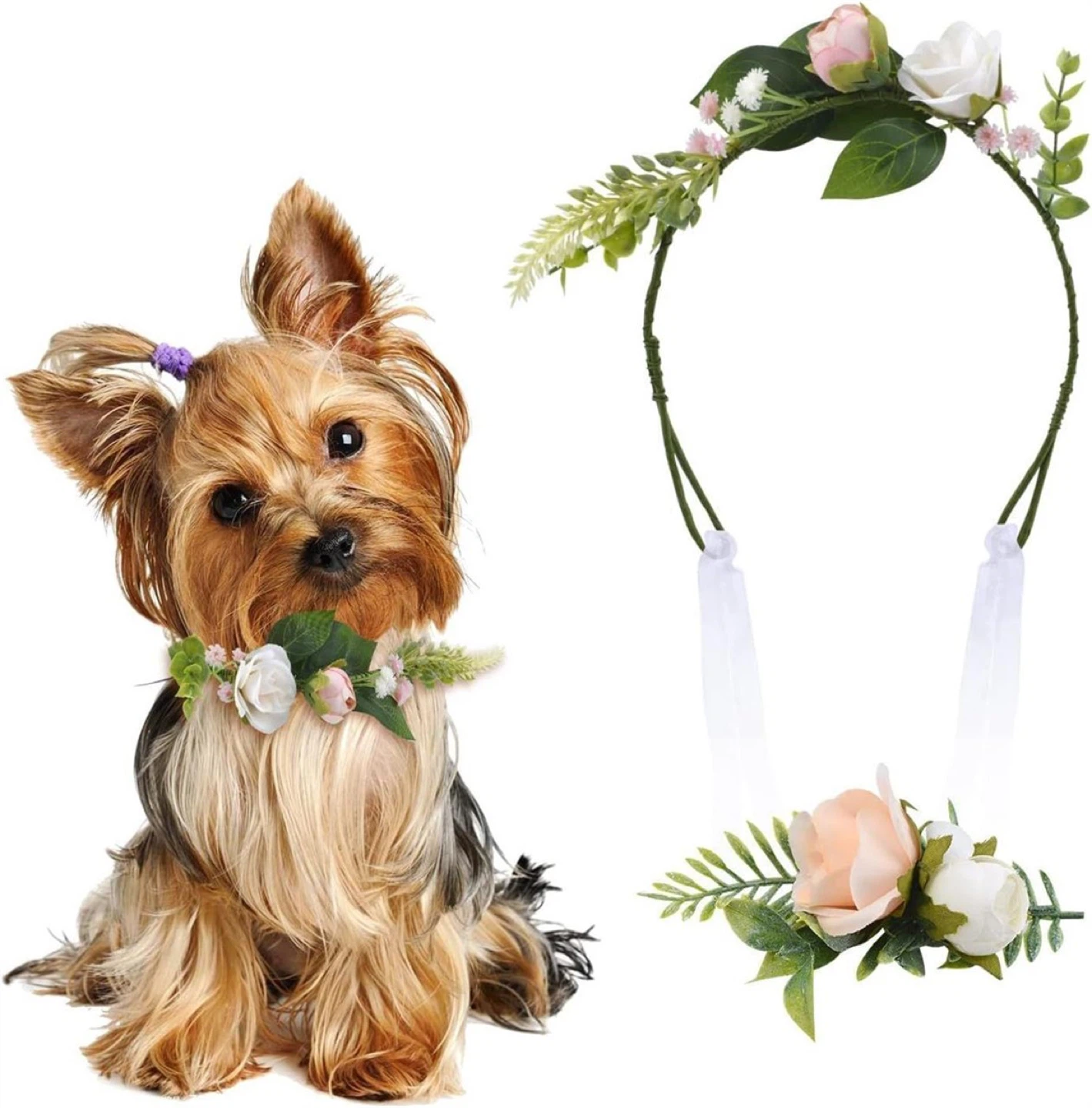Pet Flower Crown Headband and Collar Set