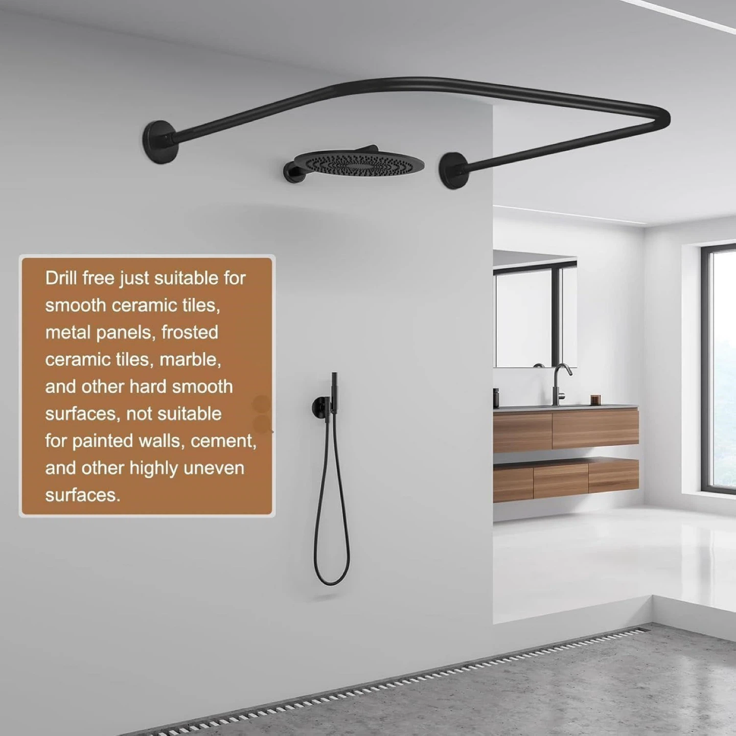 New , Ss U Shaped Shower Curtain rod 80cm/31" W, Black