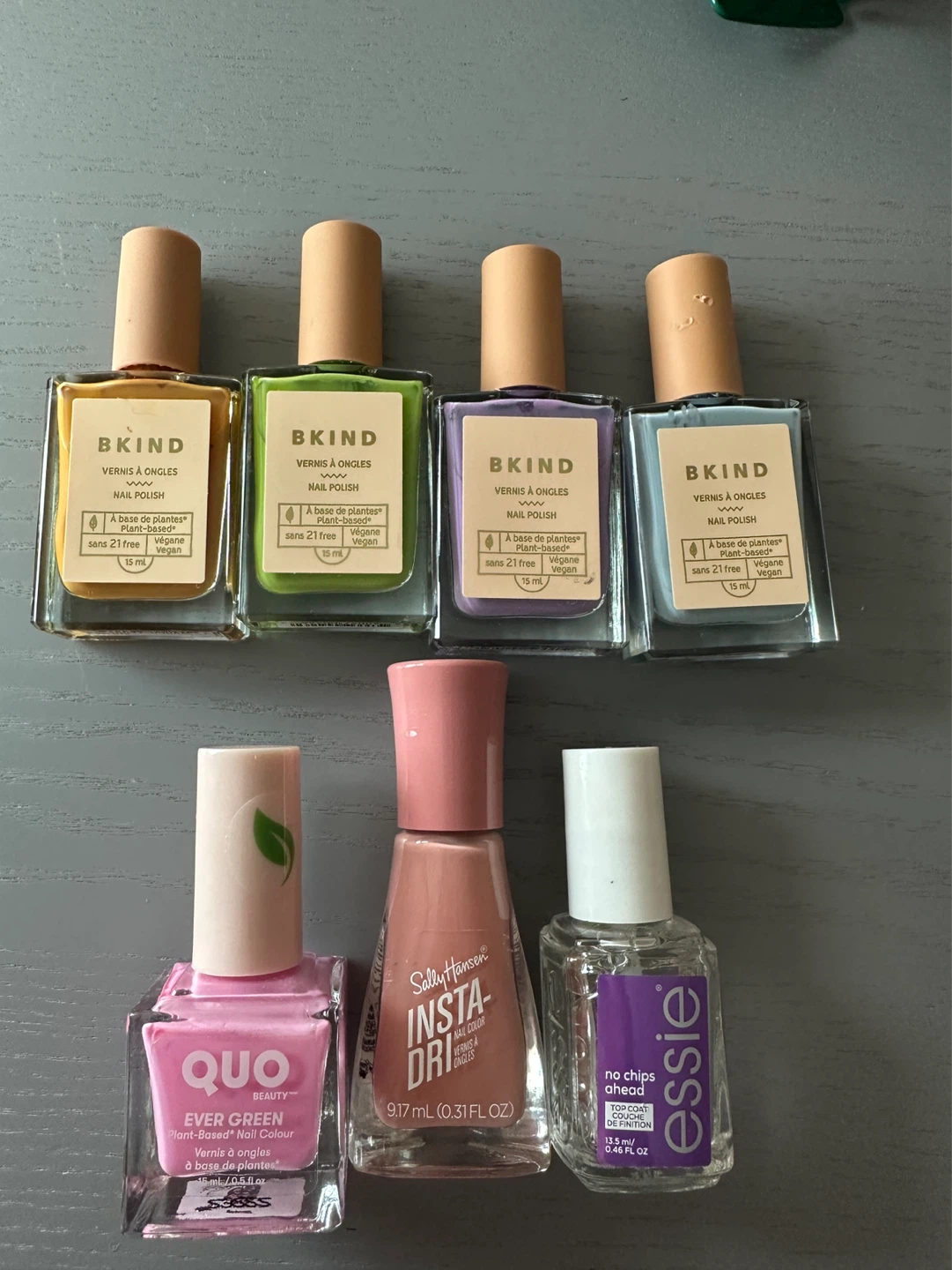 Lot of 7 Nail Polishes: BKIND, QUO Beauty, Sally Hansen, Essie