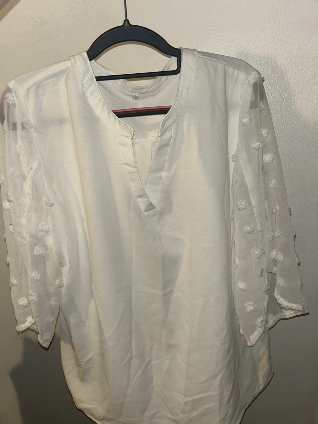 White Blouse with Pom-Pom Sleeves - Size L